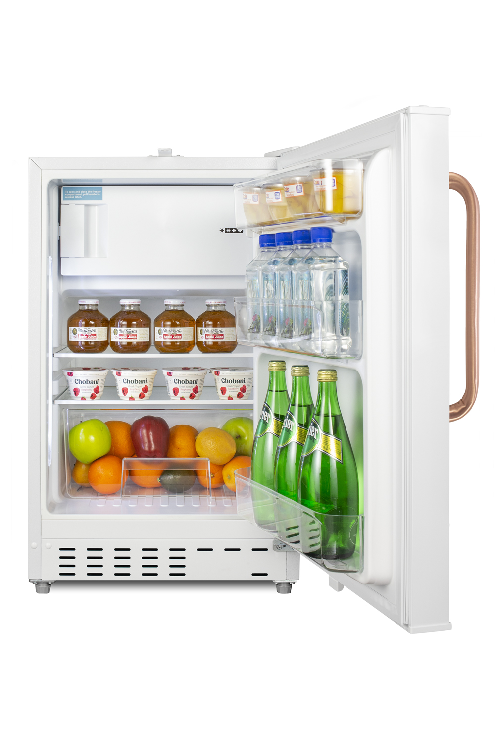 Built-in undercounter, ADA compliant refrigerator-freezer in white, designed for general purpose storage, with pure copper towel bar handle, manual defrost with glass shelves, front lock, and door storage